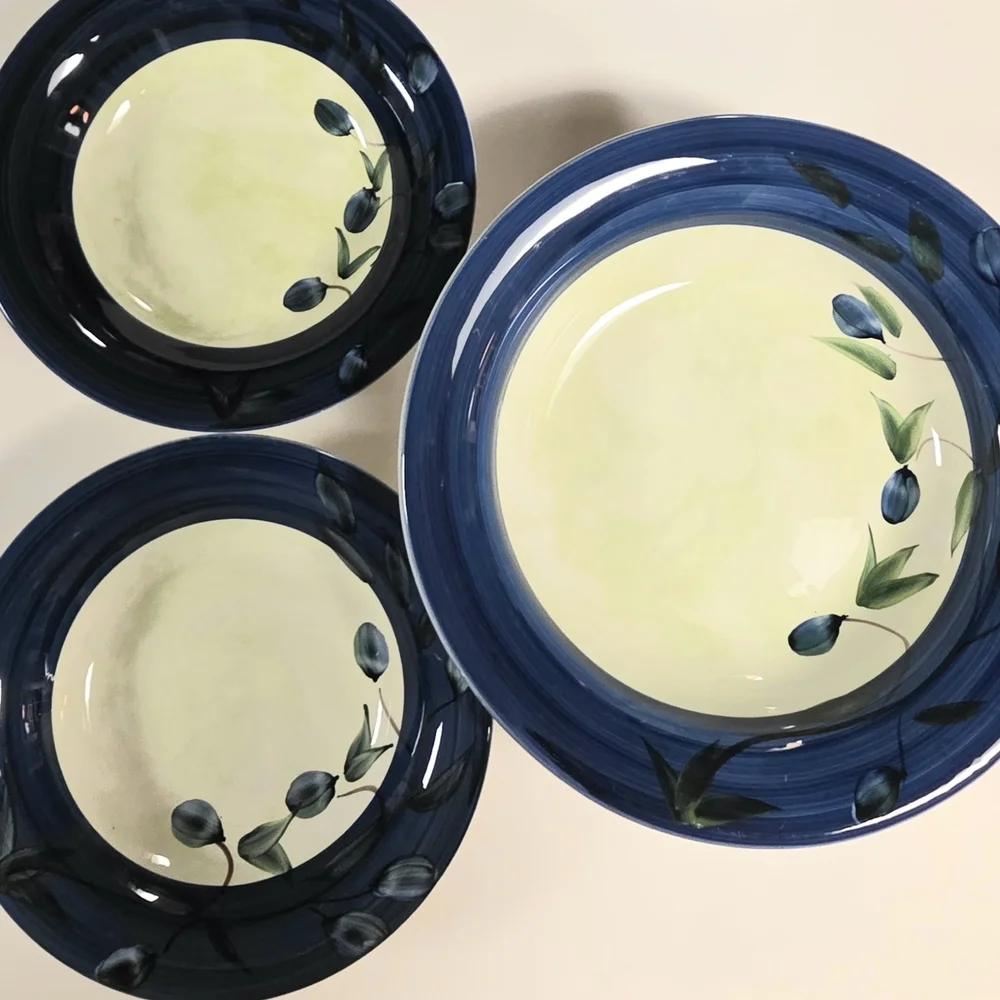 Crate&Barrel Blue and Green Olive Pasta Serving Bowl/2 Pasta Bowls Discontinued